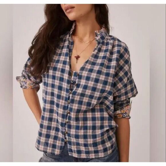 Pilcro Anthropologie size XL plaid floral tavi loose blouse - EUC - Picture 2 of 10